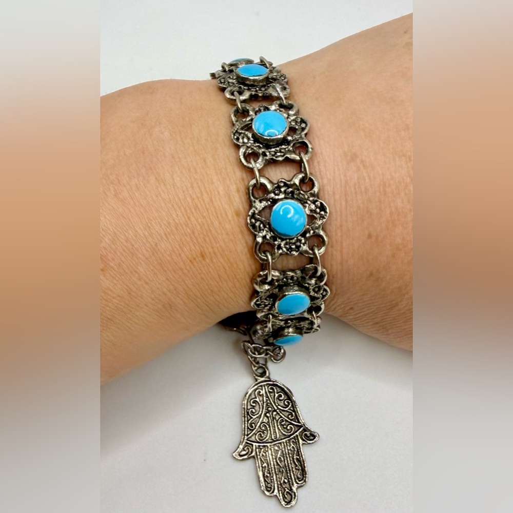 Turquoise Boho Hamsa Hand Silver Tone Statement Bracelet